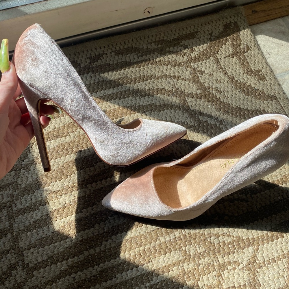 Baby pink velvet heels